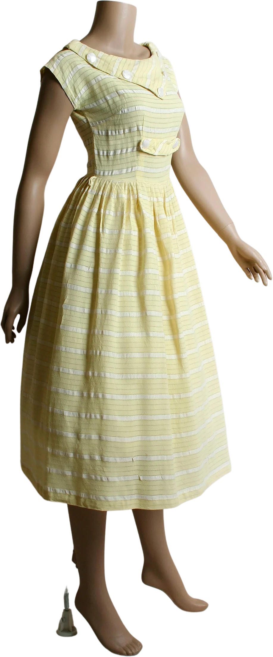 Vintage 50s Dress Pastel Lemon Yellow and White Striped Cotton Day Dress with Triangle Yoke and Buttons Mid Century Small