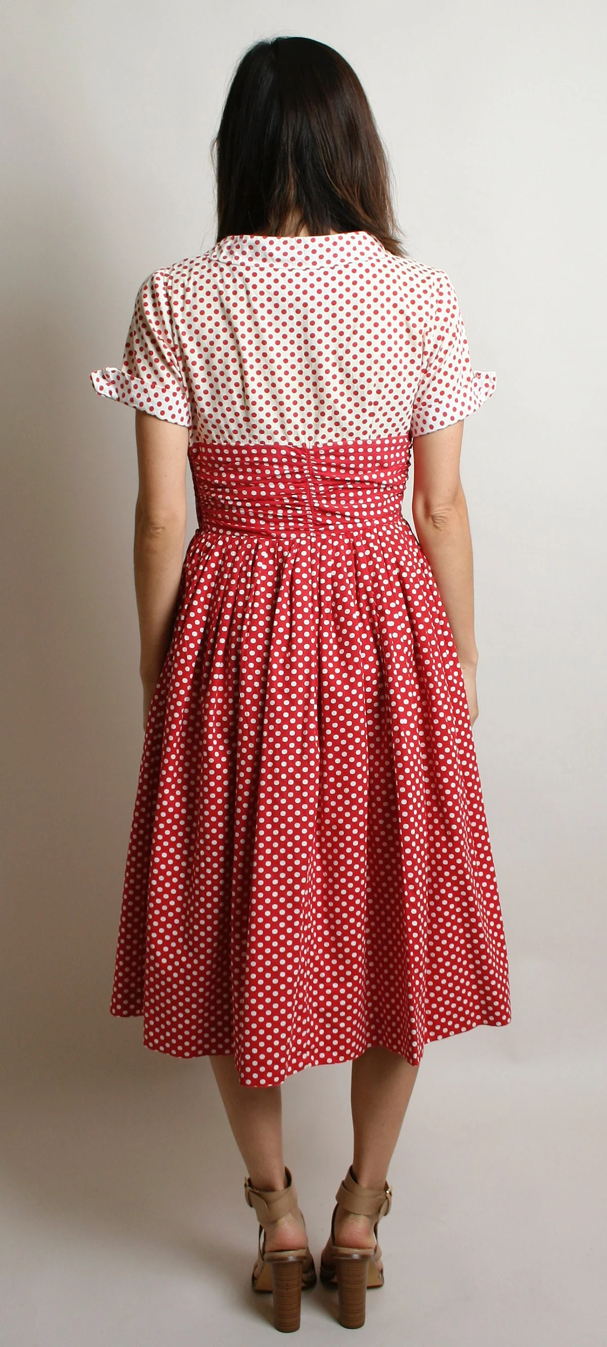Vintage 50s Dress Red and White Polka Dot Ombre Cotton Day Dress Full Skirt Rockabilly Pinup Style Small - Image 2