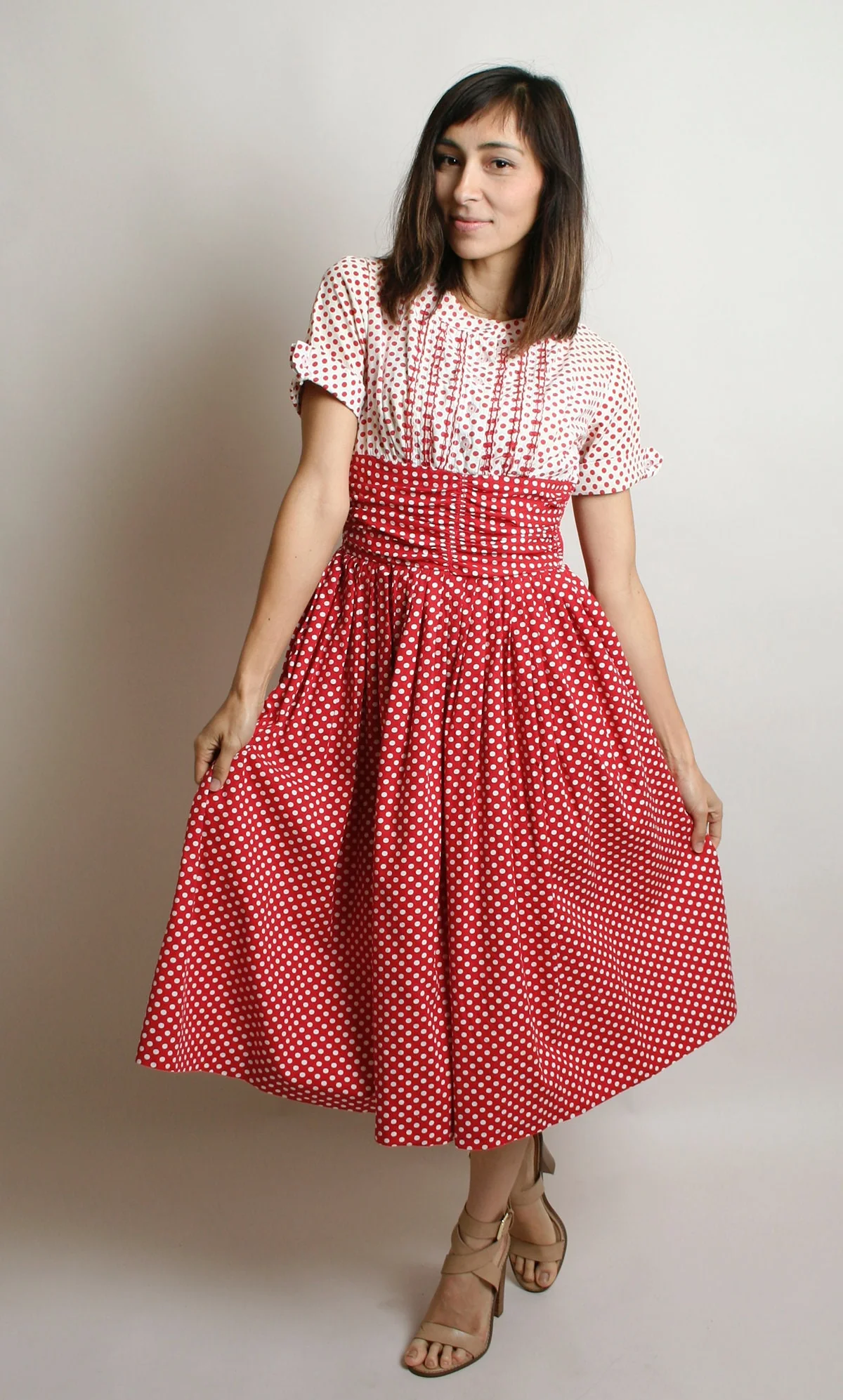 Vintage 50s Dress Red and White Polka Dot Ombre Cotton Day Dress Full Skirt Rockabilly Pinup Style Small - Image 3