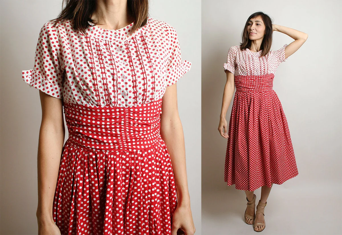 Vintage 50s Dress Red and White Polka Dot Ombre Cotton Day Dress Full Skirt Rockabilly Pinup Style Small - Image 4