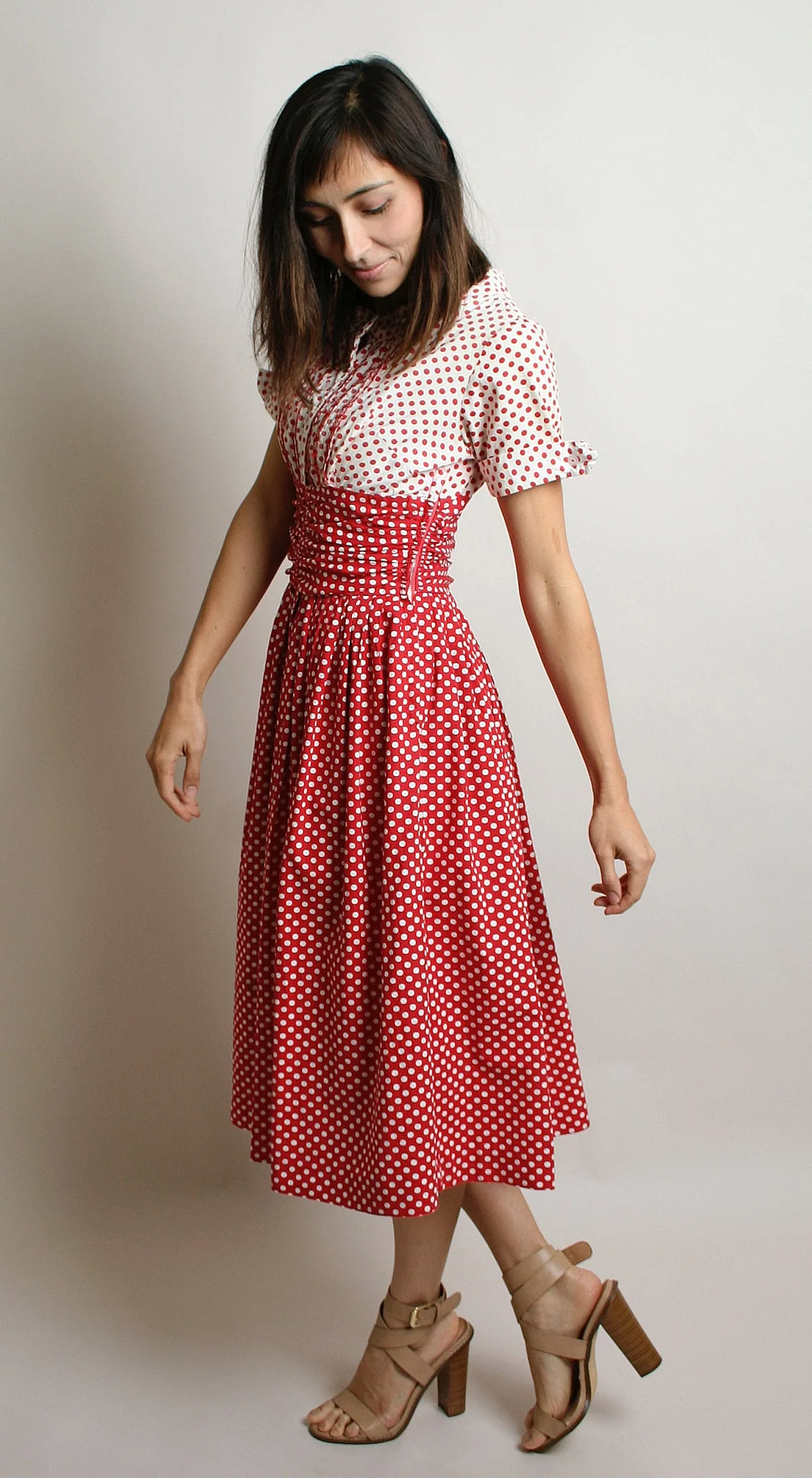 Vintage 50s Dress Red and White Polka Dot Ombre Cotton Day Dress Full Skirt Rockabilly Pinup Style Small - Image 5