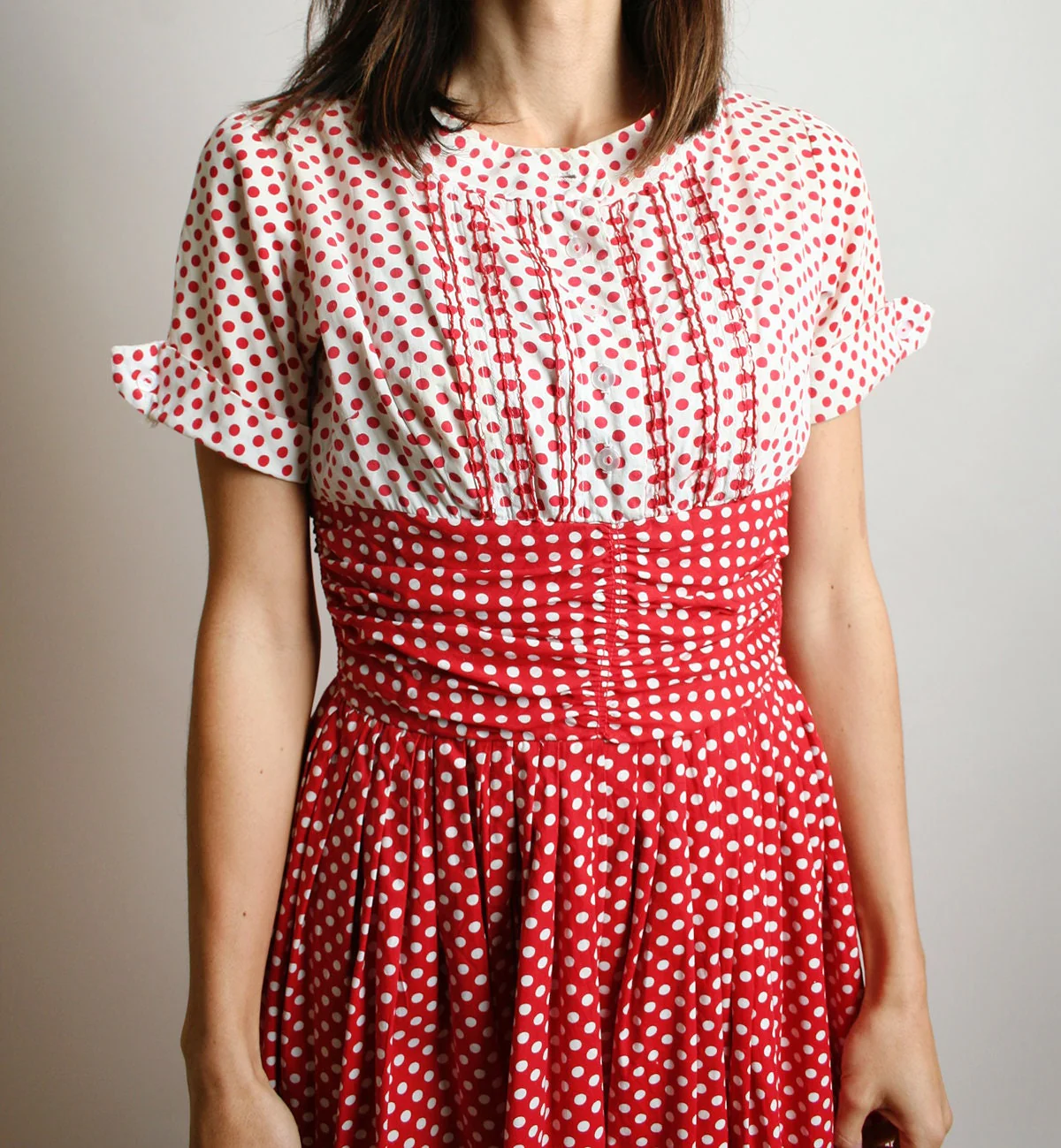 Vintage 50s Dress Red and White Polka Dot Ombre Cotton Day Dress Full Skirt Rockabilly Pinup Style Small - Image 6