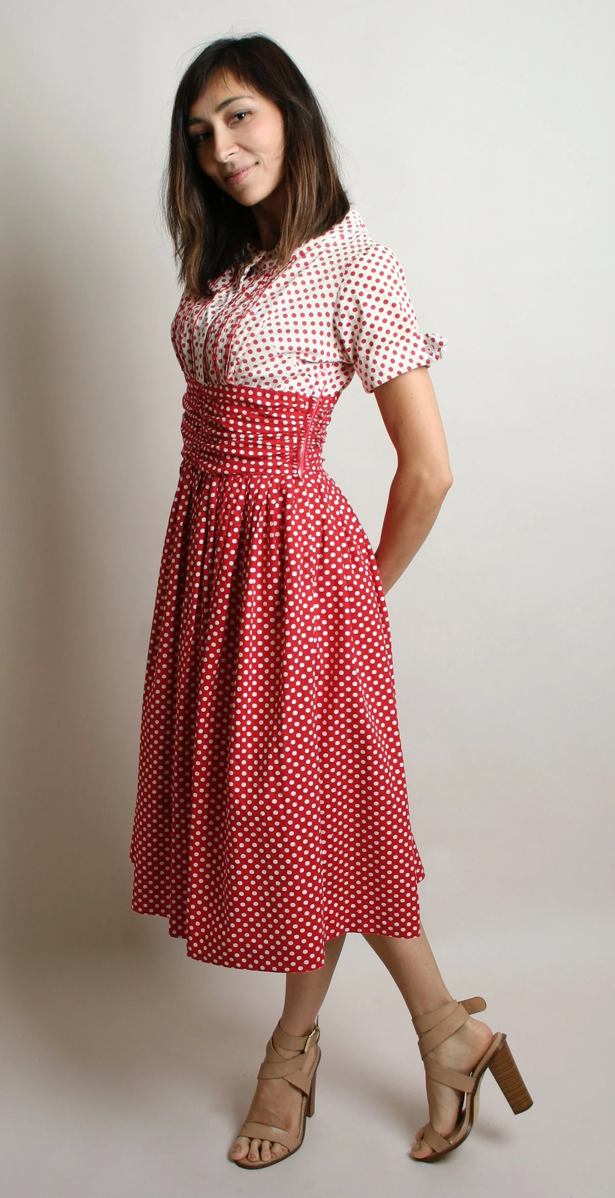 Vintage 50s Dress Red and White Polka Dot Ombre Cotton Day Dress Full Skirt Rockabilly Pinup Style Small - Image 9