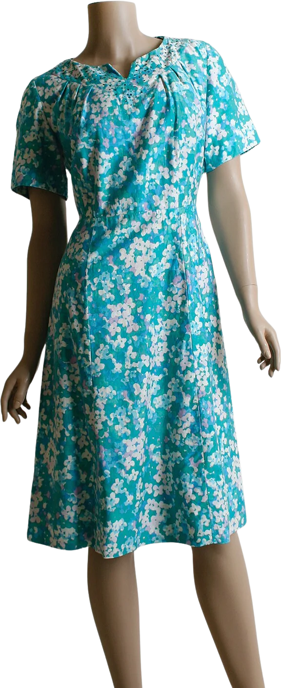 Vintage 50s Dress Rhinestone Floral Print Wiggle Dress Sky Teal Aquamarine Blue Lavender Bouquet Cotton Dress Large Volup by Henry Gans