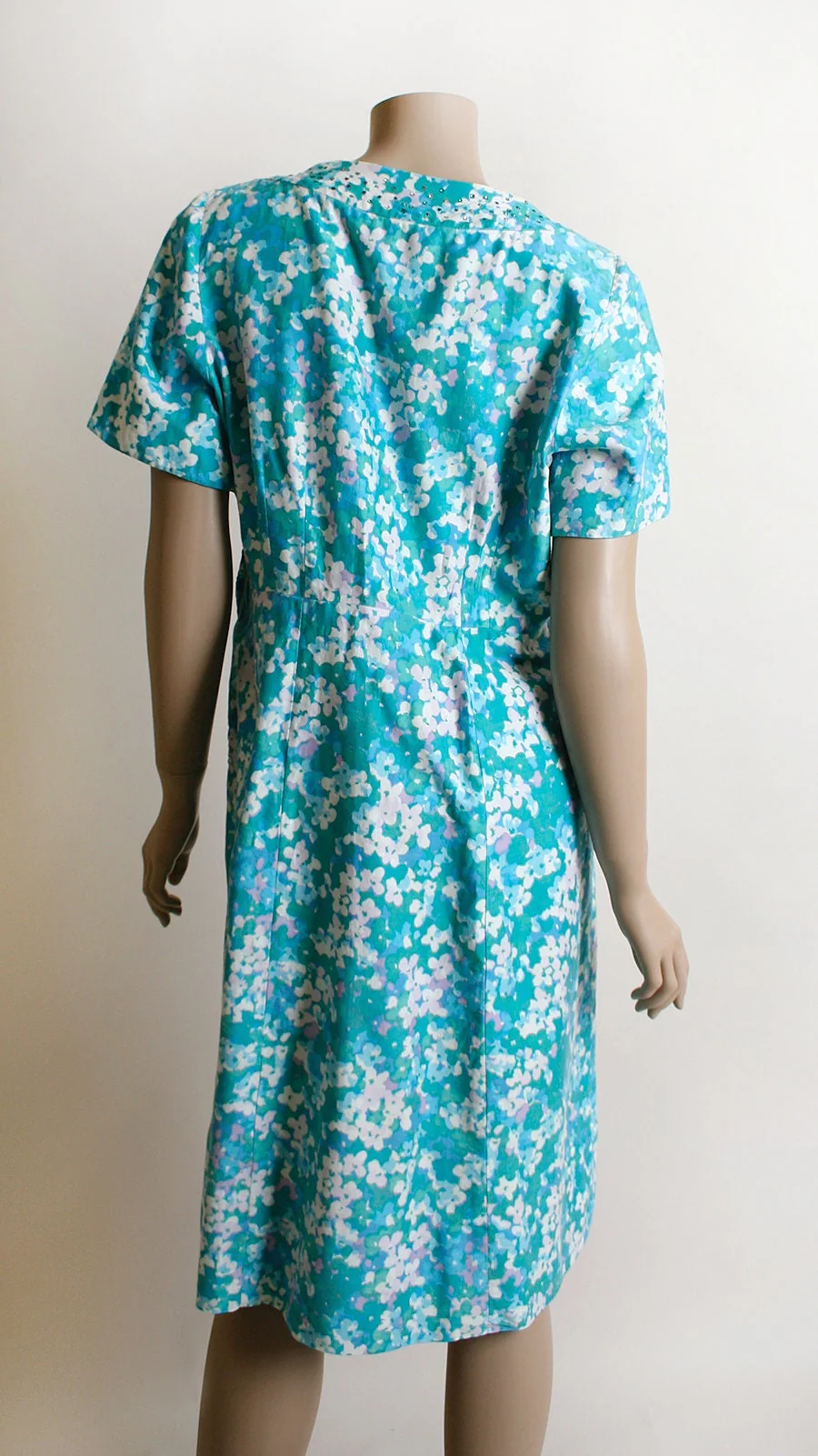 Vintage 50s Dress Rhinestone Floral Print Wiggle Dress Sky Teal Aquamarine Blue Lavender Bouquet Cotton Dress Large Volup by Henry Gans - Image 2