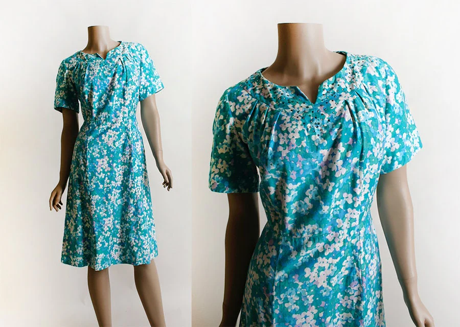 Vintage 50s Dress Rhinestone Floral Print Wiggle Dress Sky Teal Aquamarine Blue Lavender Bouquet Cotton Dress Large Volup by Henry Gans - Image 3