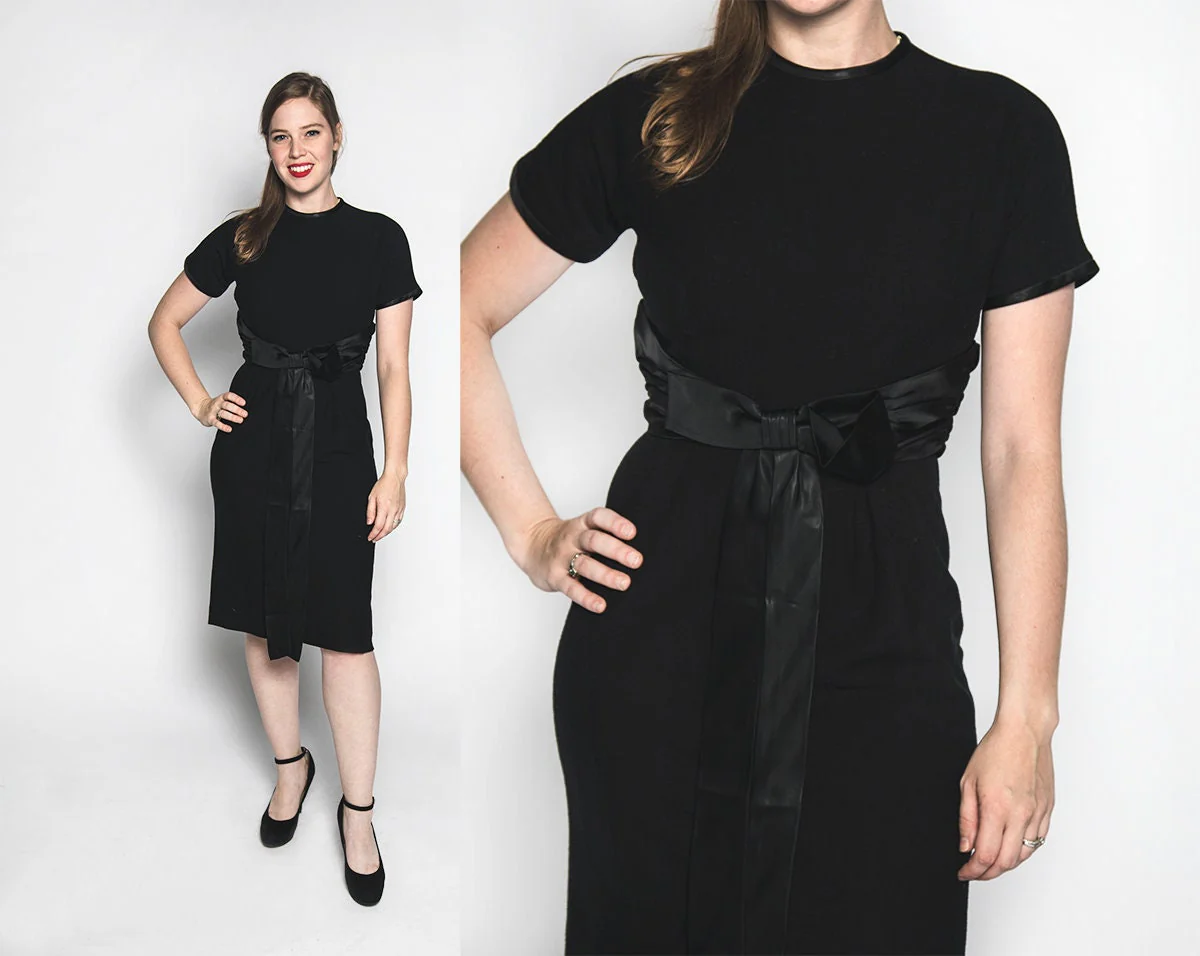 Vintage 50s Dress Sandra Sage Black Cocktail Wiggle Dress Satin Bow Waist Small by Sandra Sage - Image 3