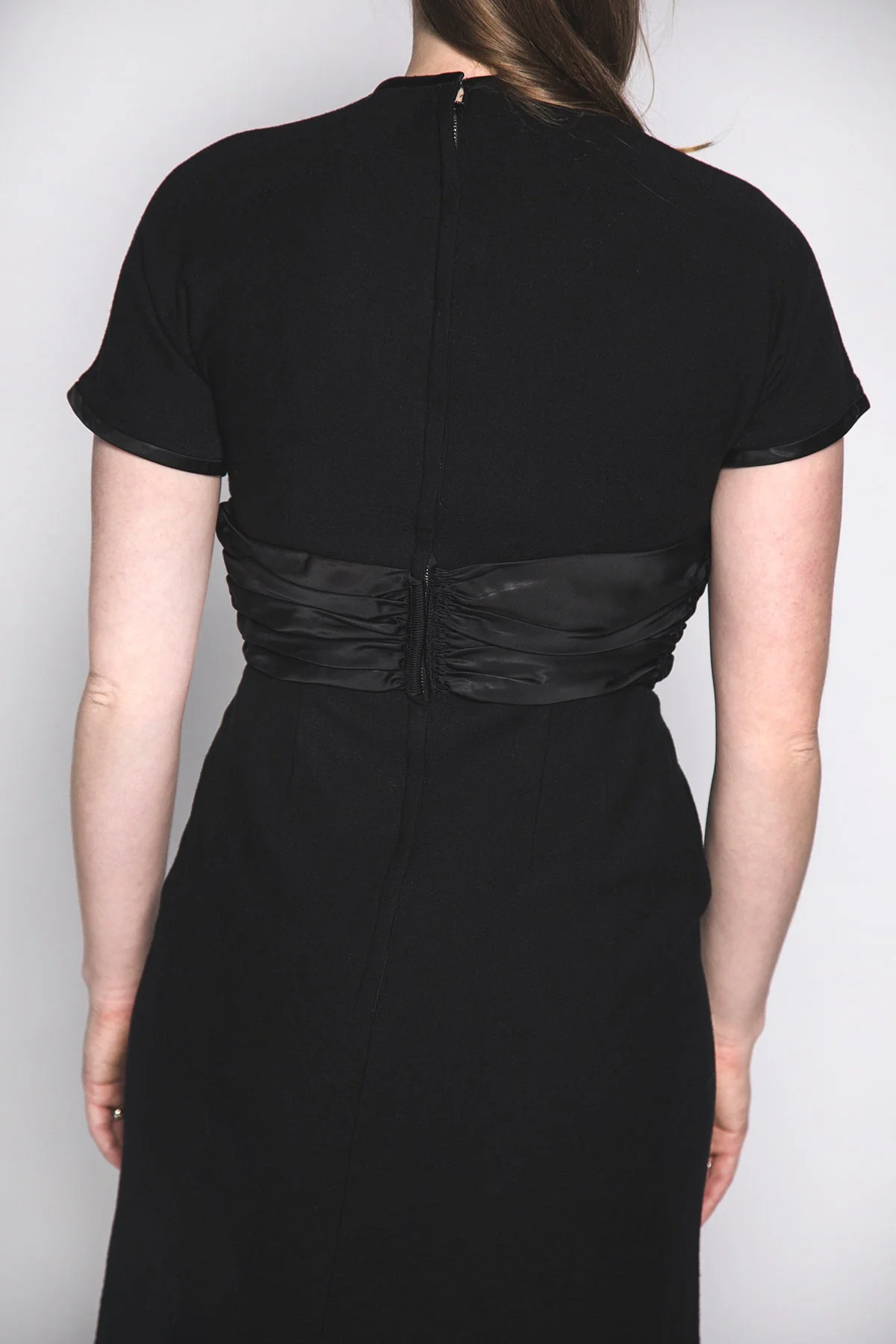 Vintage 50s Dress Sandra Sage Black Cocktail Wiggle Dress Satin Bow Waist Small by Sandra Sage - Image 7