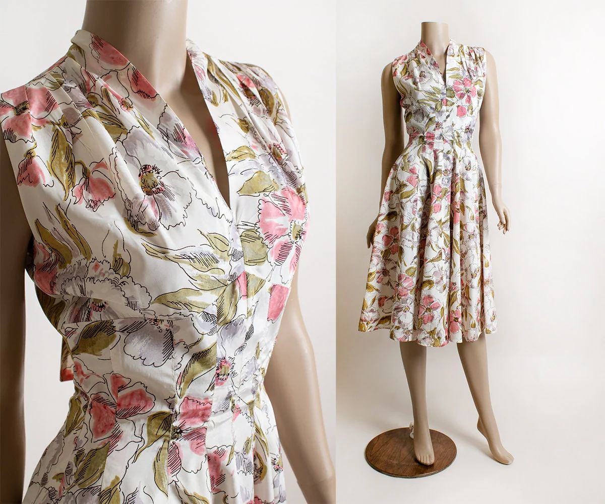 Vintage 50s Floral Dress Soft Punk Flower Print Olive Green Midi Dress with Back Bow Sash Small Xs by Gigi Young Designs - Image 3