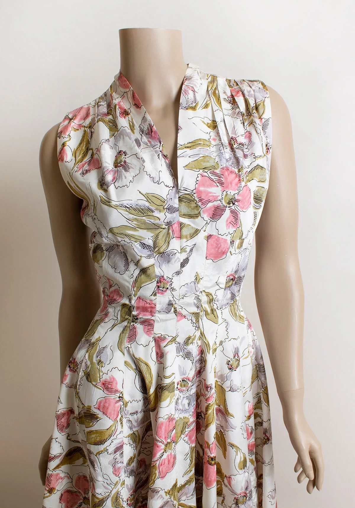 Vintage 50s Floral Dress Soft Punk Flower Print Olive Green Midi Dress with Back Bow Sash Small Xs by Gigi Young Designs - Image 5
