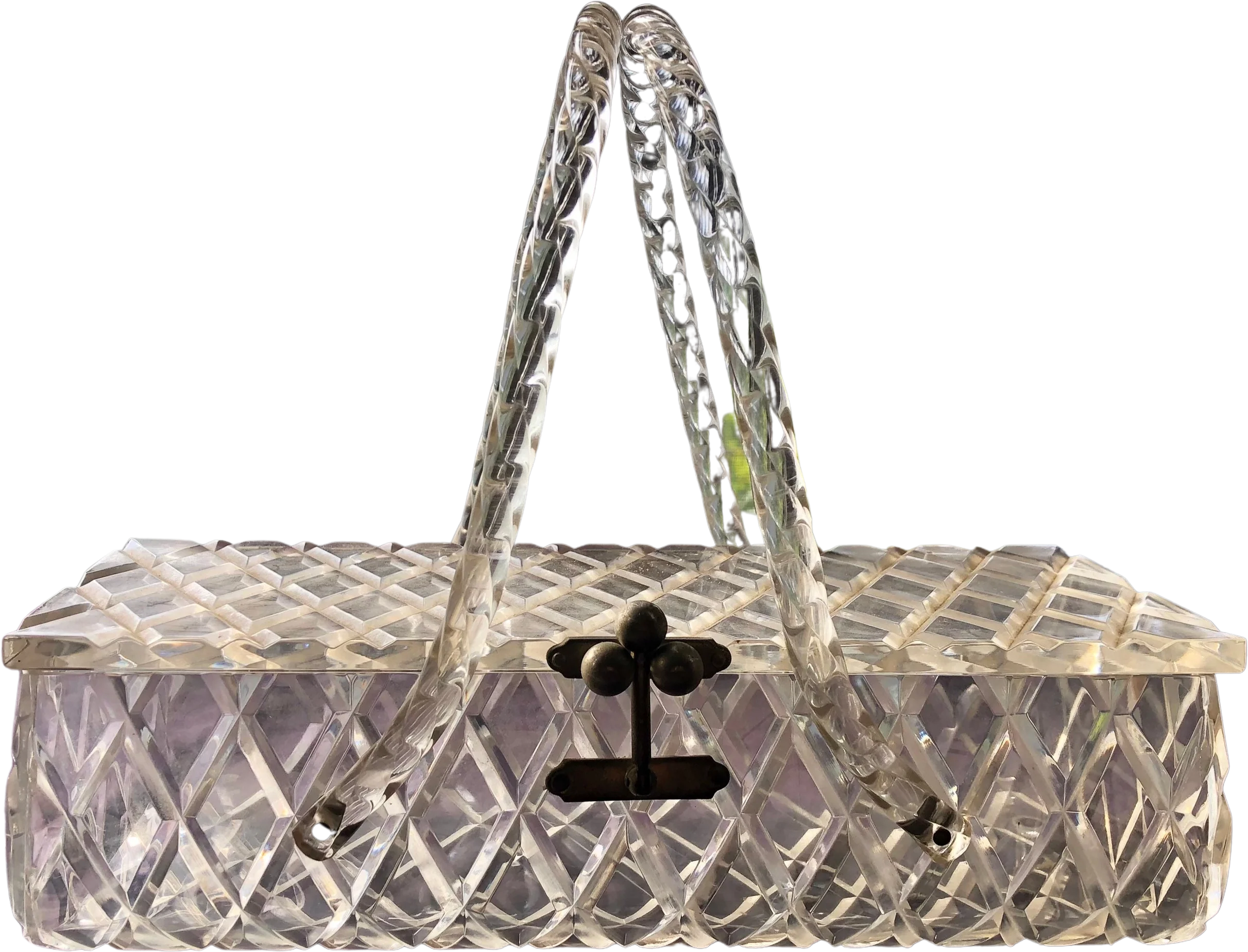 Vintage 50s Florida Handbags Diamond Cut Lucite Box Purse Twisted Rope Handles Clear Handbag