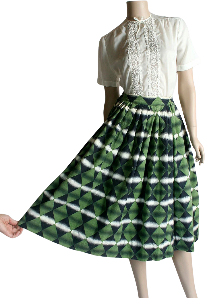 Vintage 50s Full Skirt Mint Green Diamond Felt Fuzzy Skirt Rockabilly Style 26 Inch Waist Small