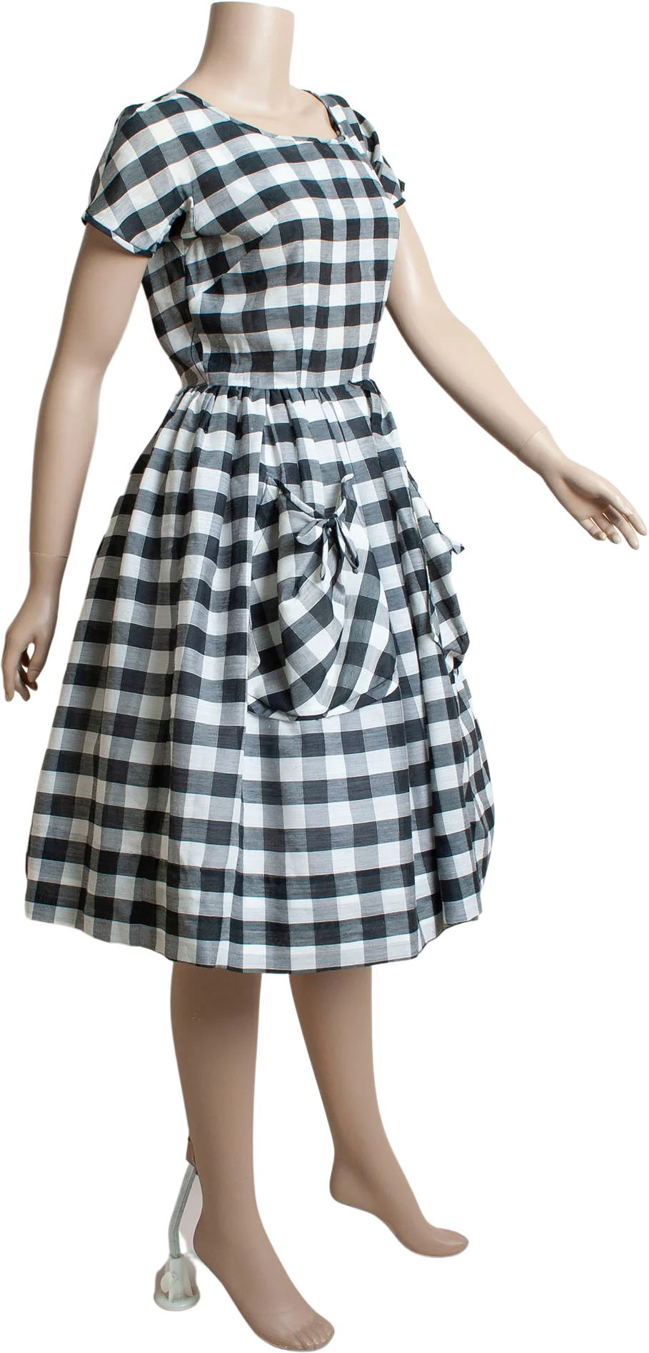 Vintage 50s Gingham Dress Black and White Checkered Plaid Cotton Day Dress with Huge Pockets Small by Marcy Allen