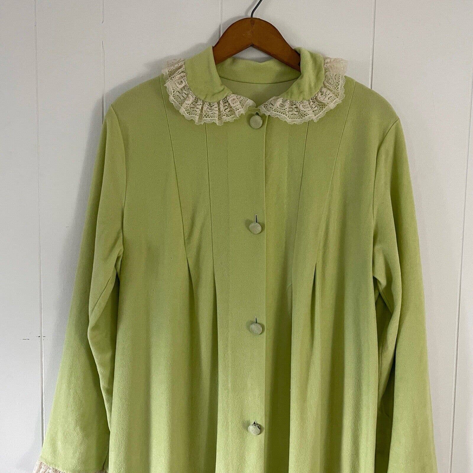 Vintage 50s Green Flannel and Lace Peter Pan Collar House Coat Duster - Image 6