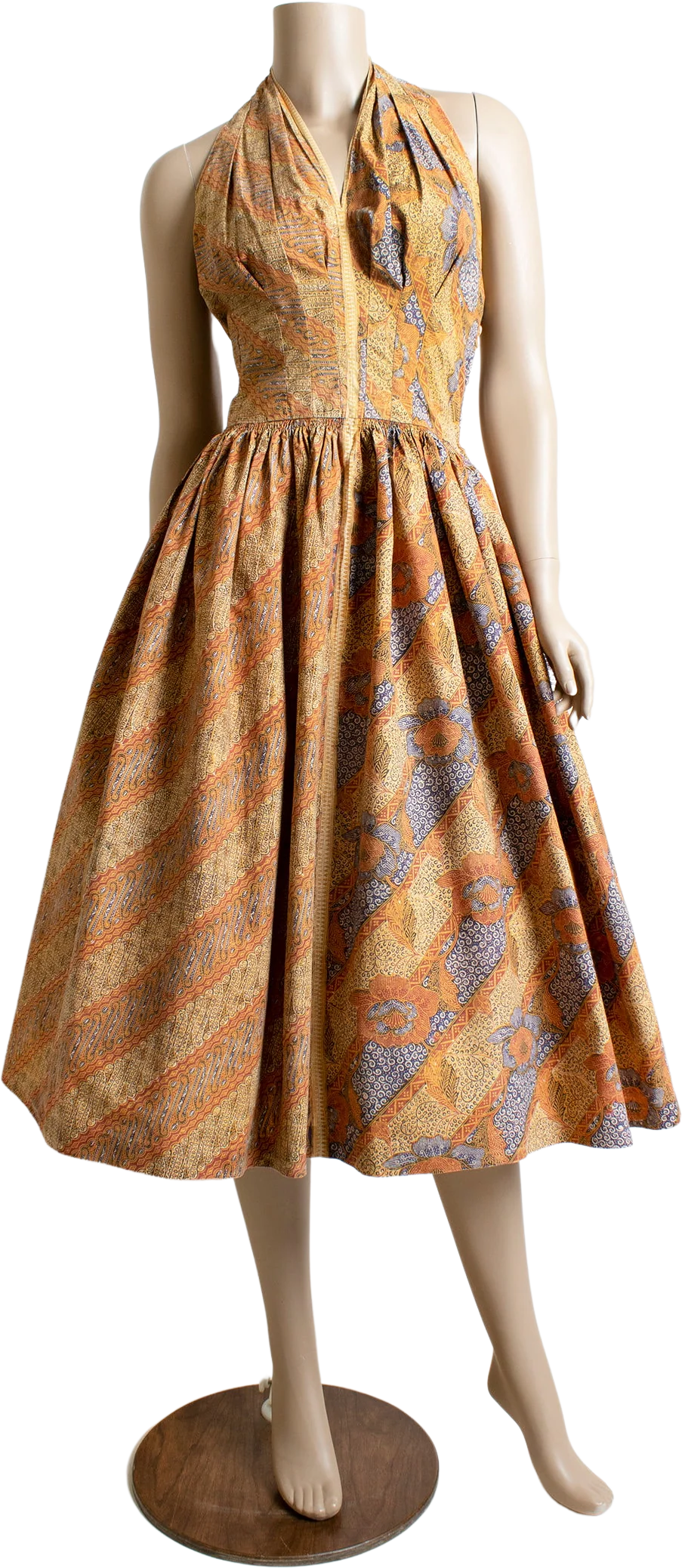 Vintage 50s Halter Tropical Style Paisley Batik Print Cotton Full Skirt Summer Day Dress Warm Tone Orange Brown