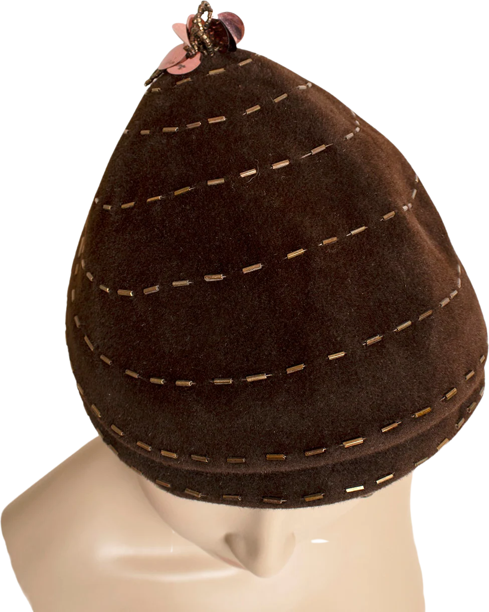 Vintage 50s Hat - Dark Chocolate Brown Beehive Style Hat with Beaded Swirl and Sequin Topper - Modernette Stix Baer and Fuller
