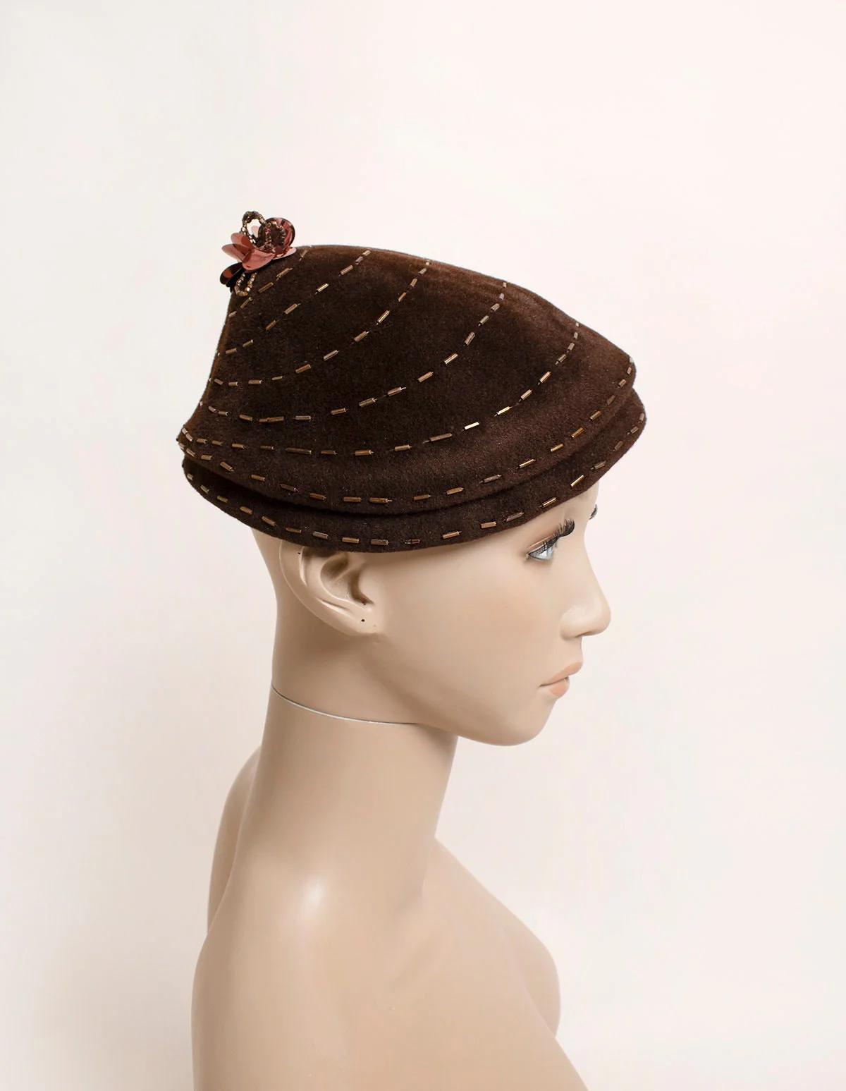 Vintage 50s Hat - Dark Chocolate Brown Beehive Style Hat with Beaded Swirl and Sequin Topper - Modernette Stix Baer and Fuller - Image 2