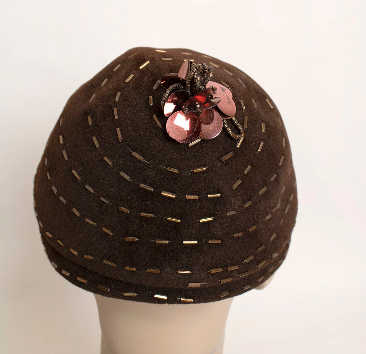 Vintage 50s Hat - Dark Chocolate Brown Beehive Style Hat with Beaded Swirl and Sequin Topper - Modernette Stix Baer and Fuller - Image 5