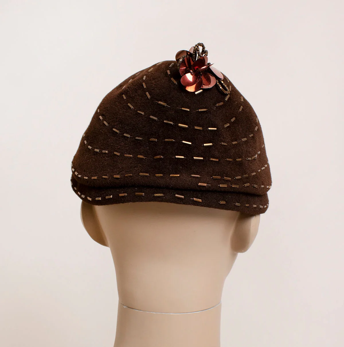 Vintage 50s Hat - Dark Chocolate Brown Beehive Style Hat with Beaded Swirl and Sequin Topper - Modernette Stix Baer and Fuller - Image 6