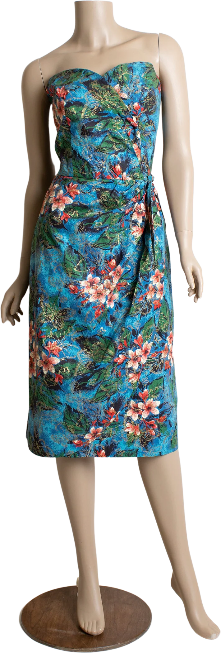 Vintage 50s Tropical Sarong Blue Floral and Butterfly Print Golden Wrap Dress