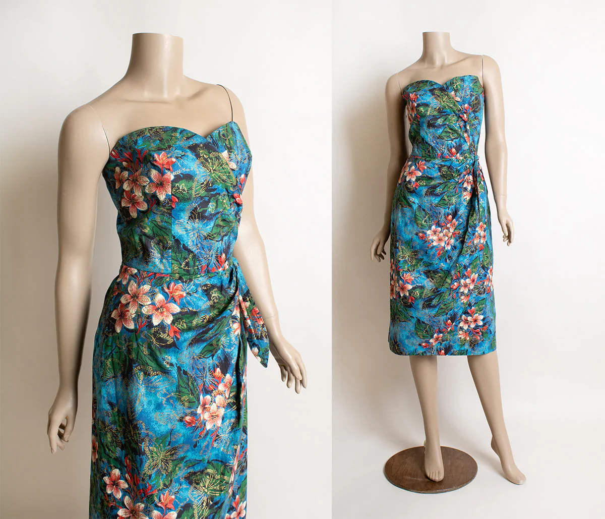 Vintage 50s Tropical Sarong Blue Floral and Butterfly Print Golden Wrap Dress - Image 2