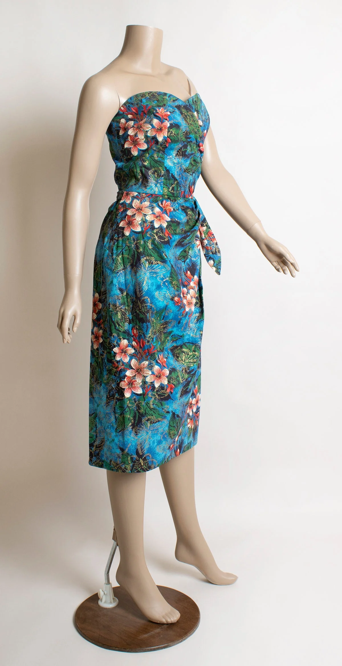 Vintage 50s Tropical Sarong Blue Floral and Butterfly Print Golden Wrap Dress - Image 3