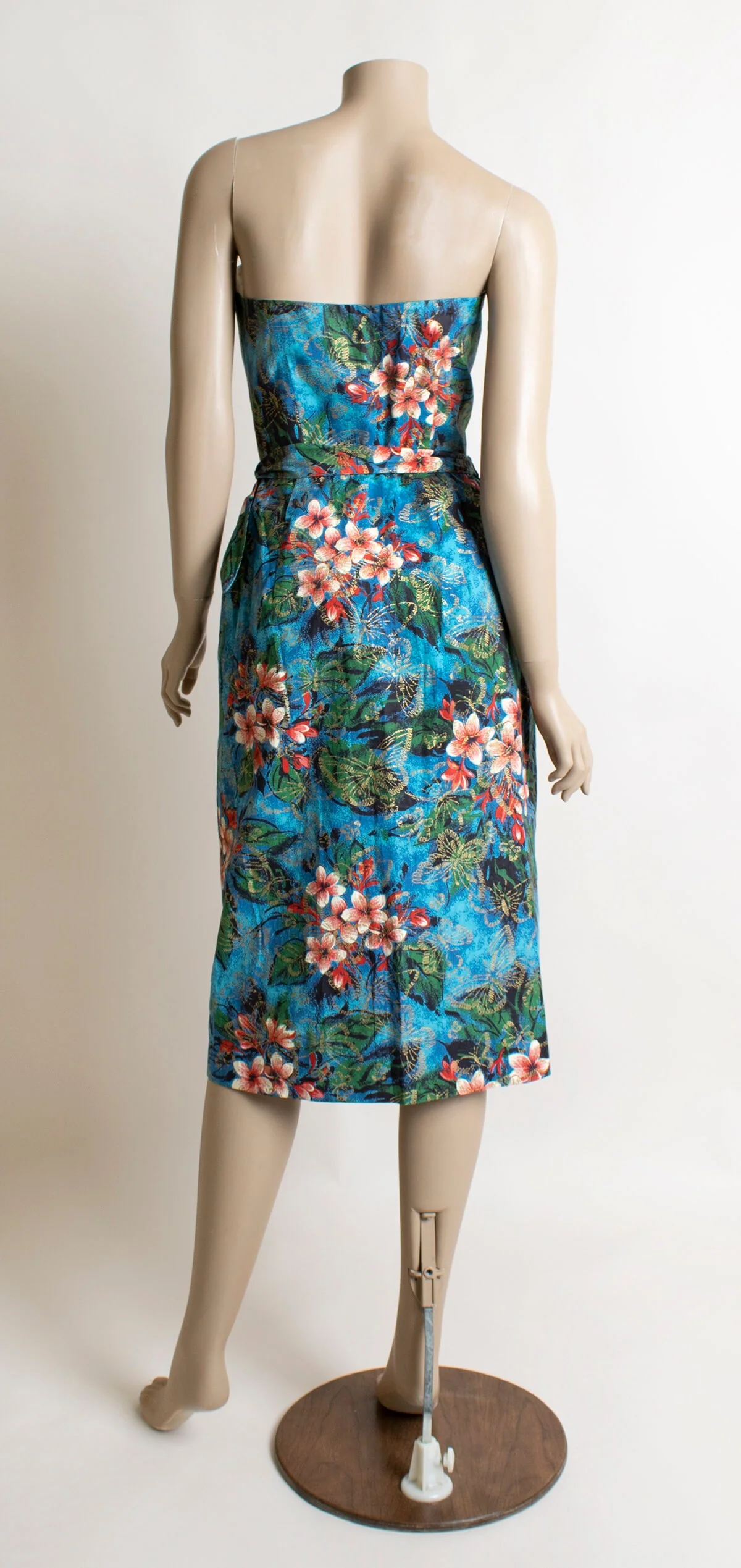 Vintage 50s Tropical Sarong Blue Floral and Butterfly Print Golden Wrap Dress - Image 5