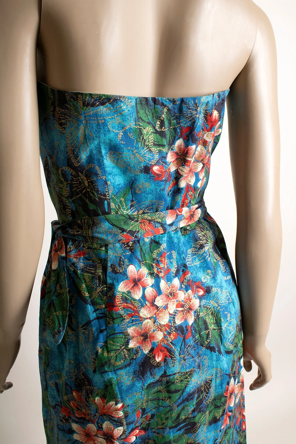 Vintage 50s Tropical Sarong Blue Floral and Butterfly Print Golden Wrap Dress - Image 7