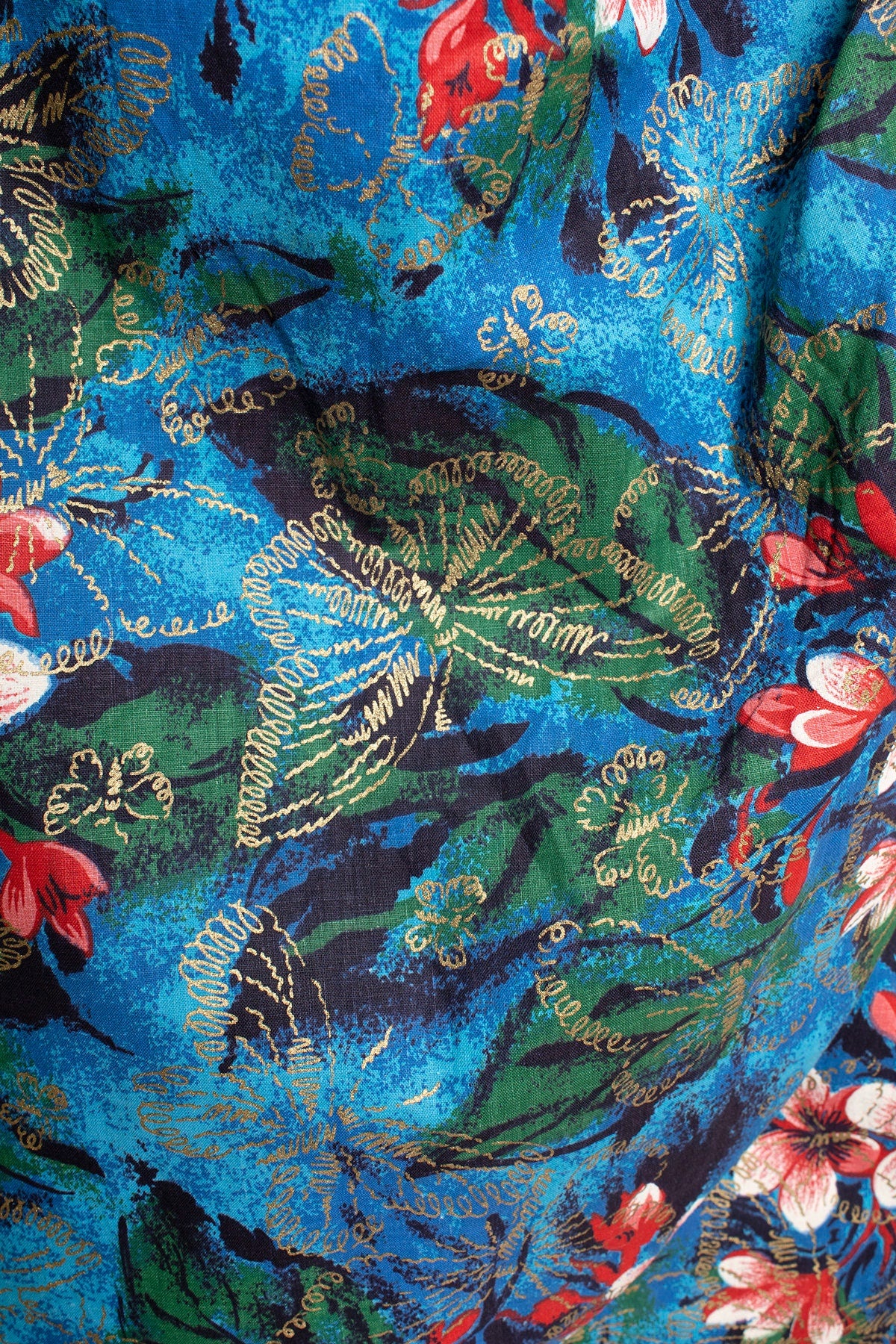 Vintage 50s Tropical Sarong Blue Floral and Butterfly Print Golden Wrap Dress - Image 9
