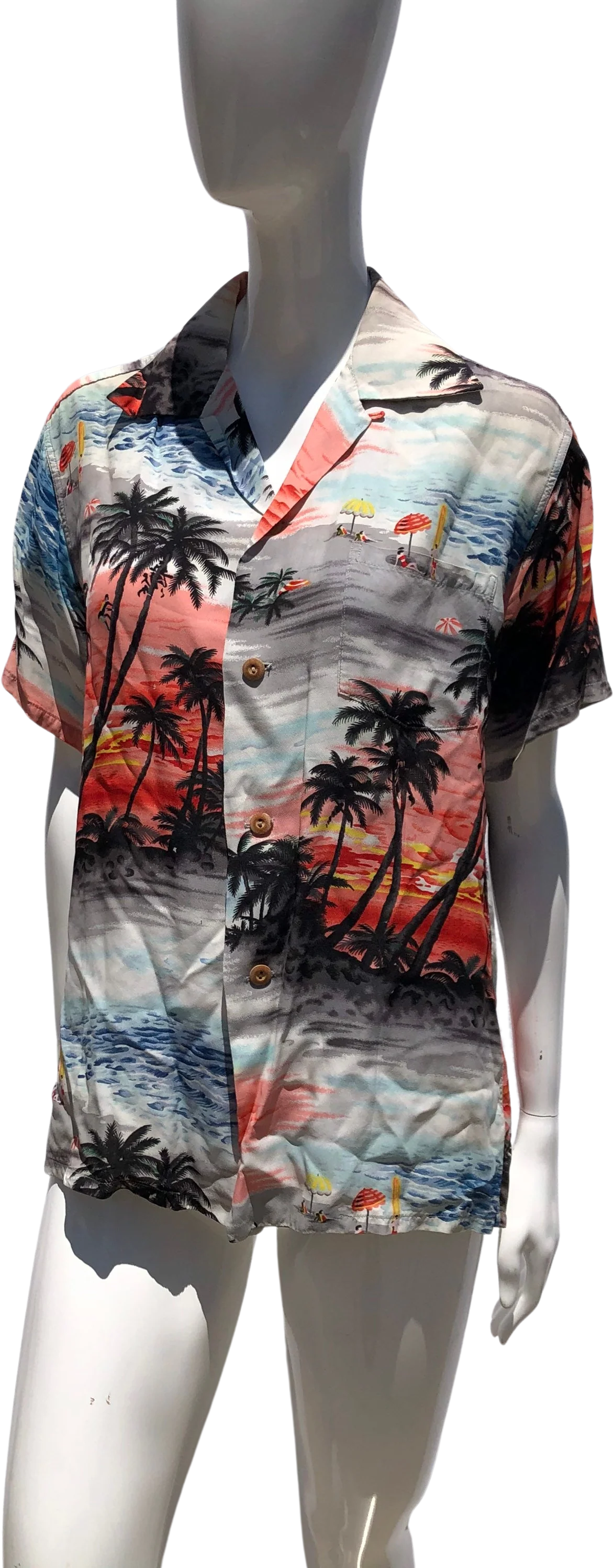 Vintage 50s Hawaiian Shirt Small Unisex Sunset Coconut Tree Climbers Beach Scene Rayon Original by Iolani