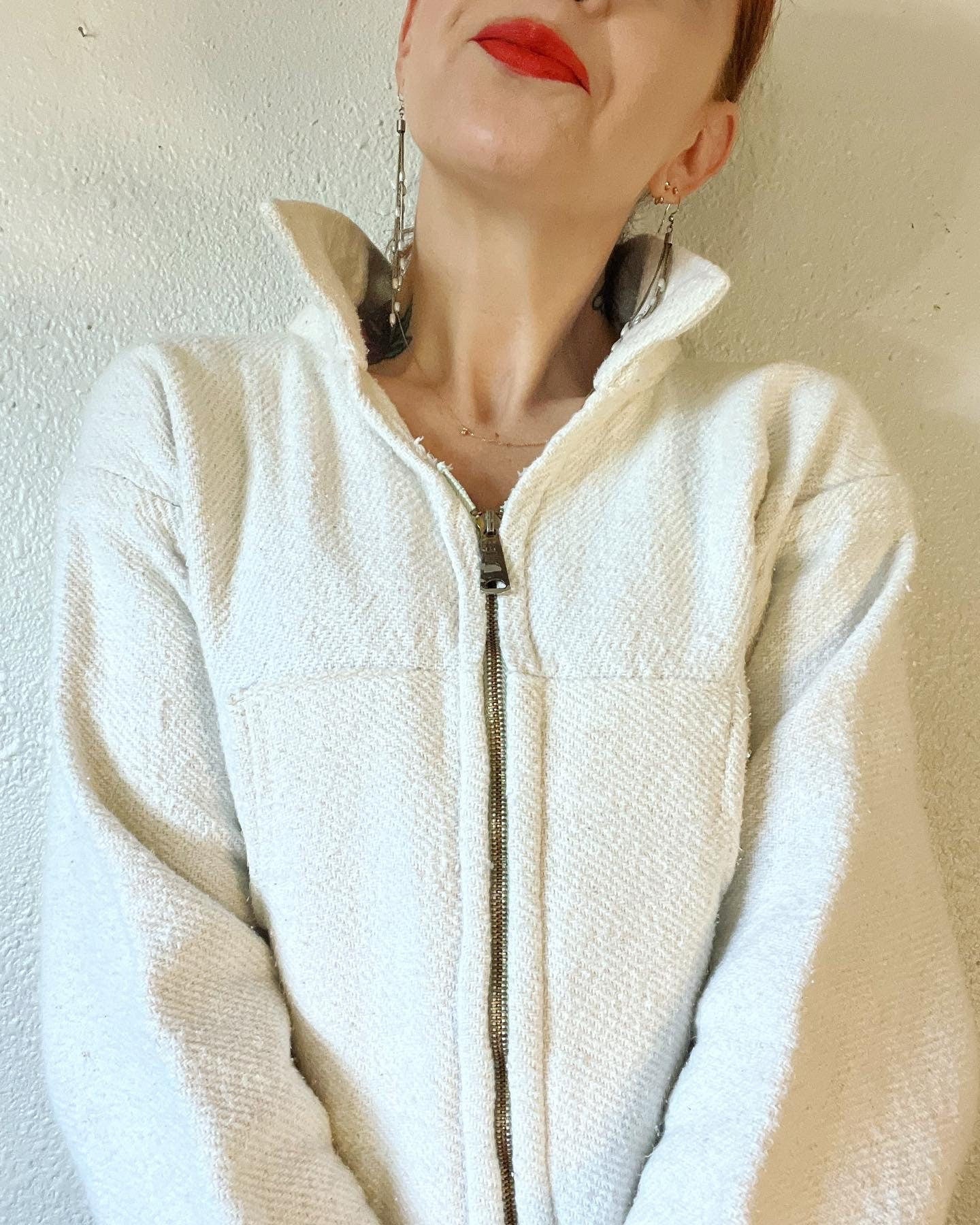 Vintage 50s Ivory Cotton Rope Twill Jacket with a Large Metal Ideal Zip Front and Patch Pockets - Image 3