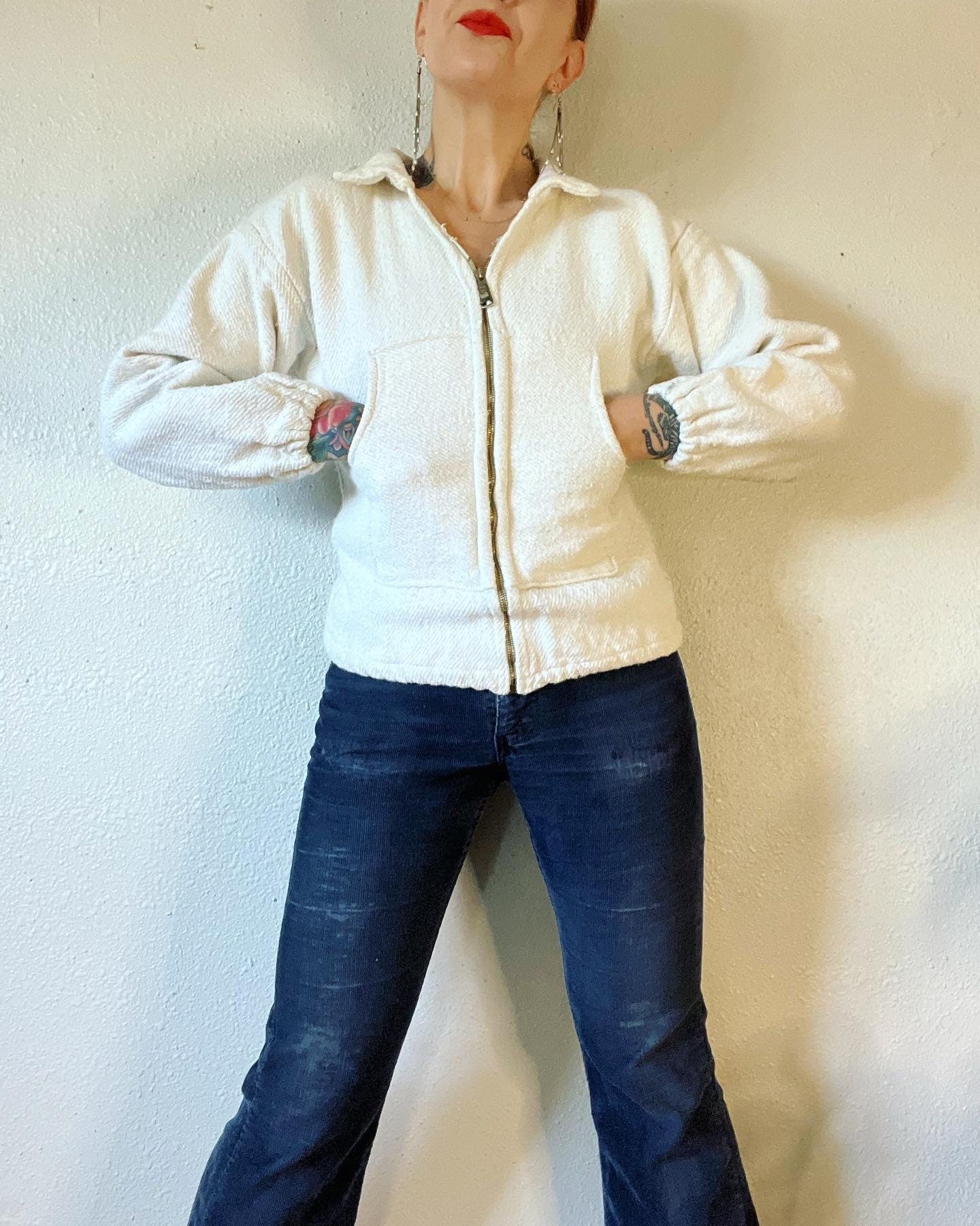 Vintage 50s Ivory Cotton Rope Twill Jacket with a Large Metal Ideal Zip Front and Patch Pockets - Image 5