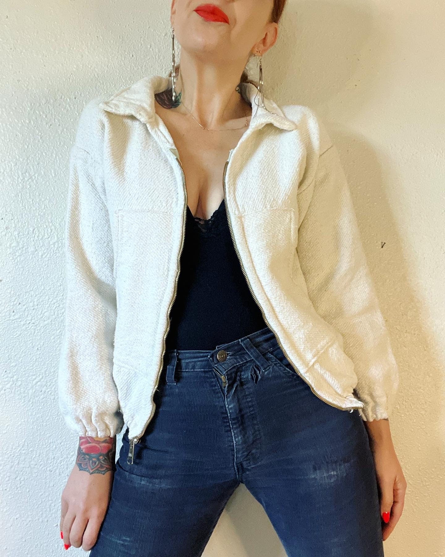 Vintage 50s Ivory Cotton Rope Twill Jacket with a Large Metal Ideal Zip Front and Patch Pockets - Image 6