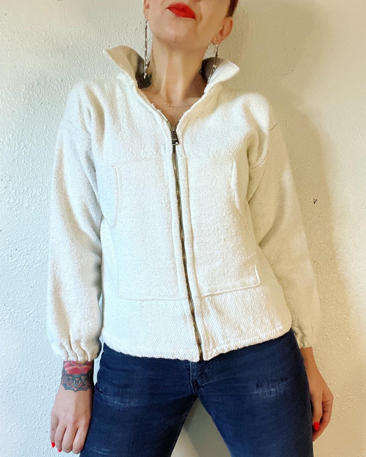 Vintage 50s Ivory Cotton Rope Twill Jacket with a Large Metal Ideal Zip Front and Patch Pockets - Image 7