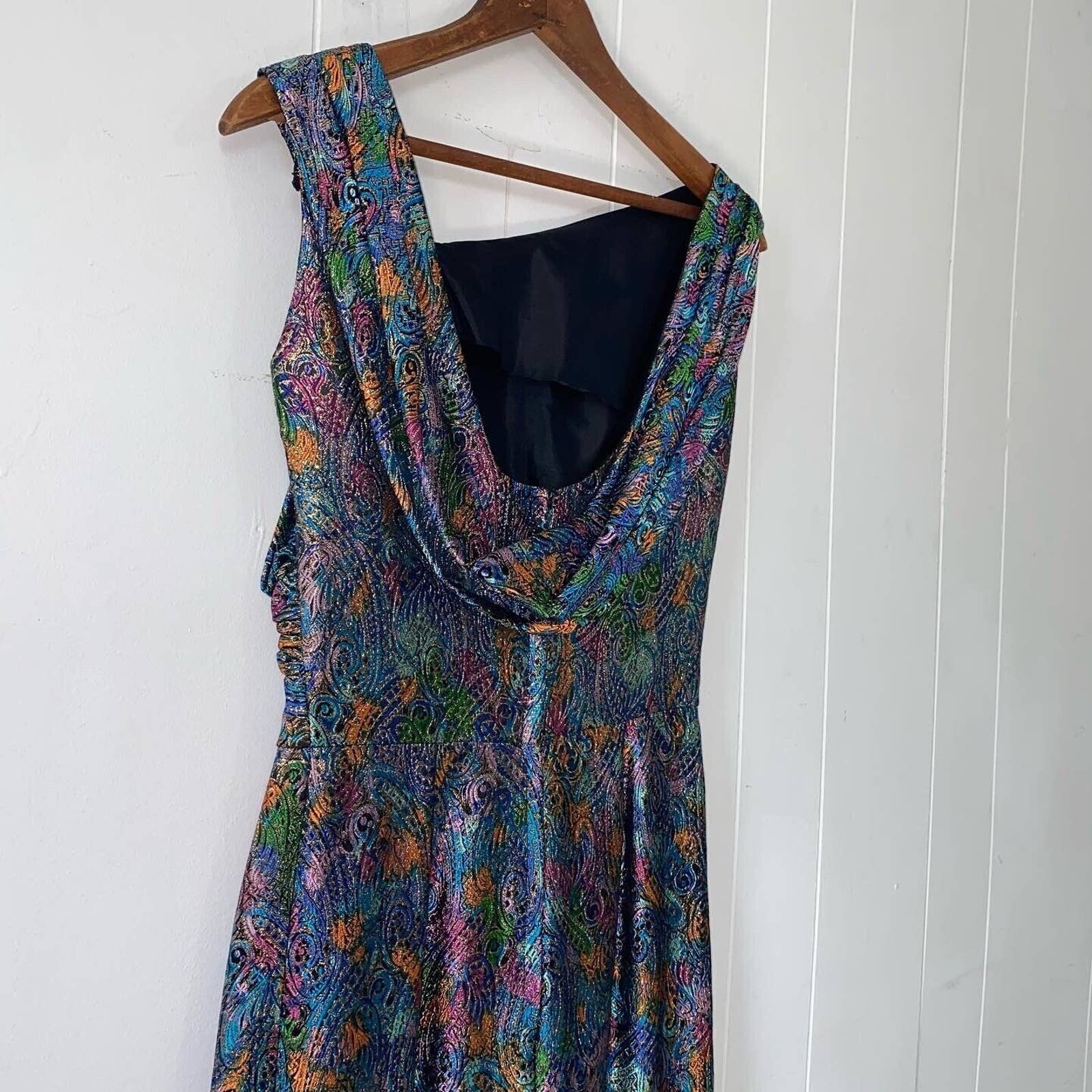 Vintage 50s Jacquard Metallic Lamé Bombshell Evening Gown Low Back Asymmetric - Image 3