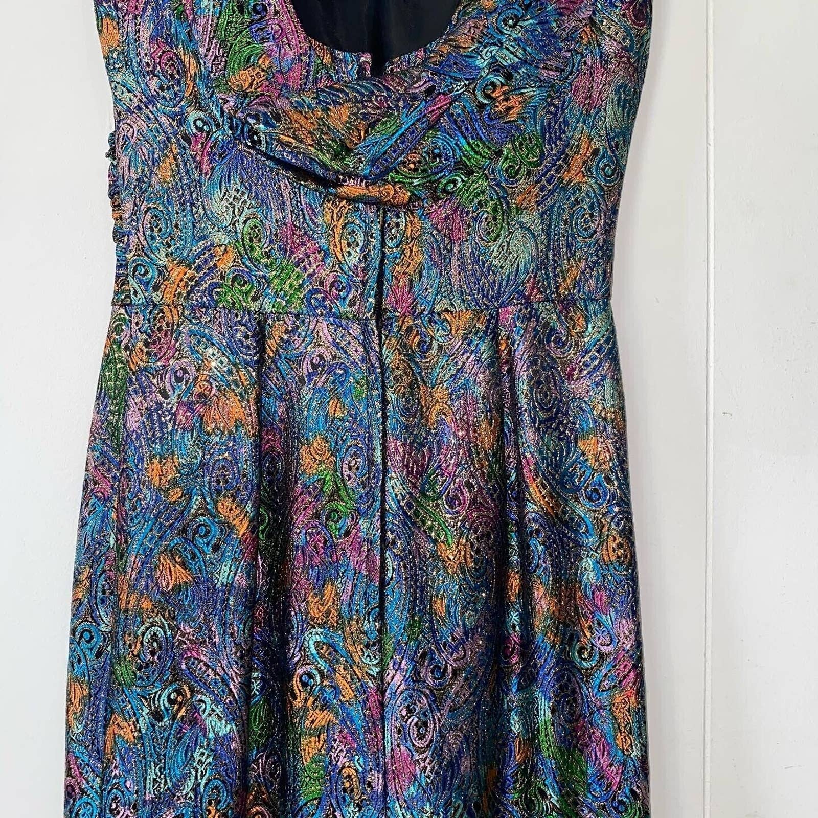 Vintage 50s Jacquard Metallic Lamé Bombshell Evening Gown Low Back Asymmetric - Image 4