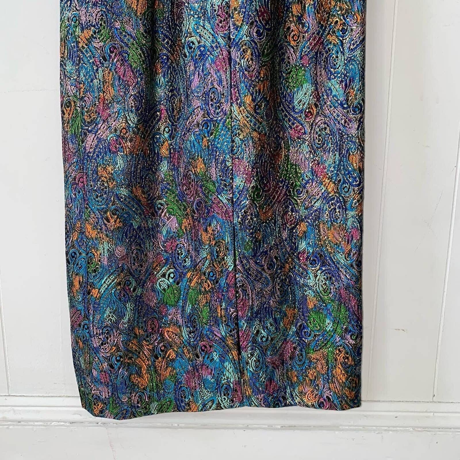 Vintage 50s Jacquard Metallic Lamé Bombshell Evening Gown Low Back Asymmetric - Image 5