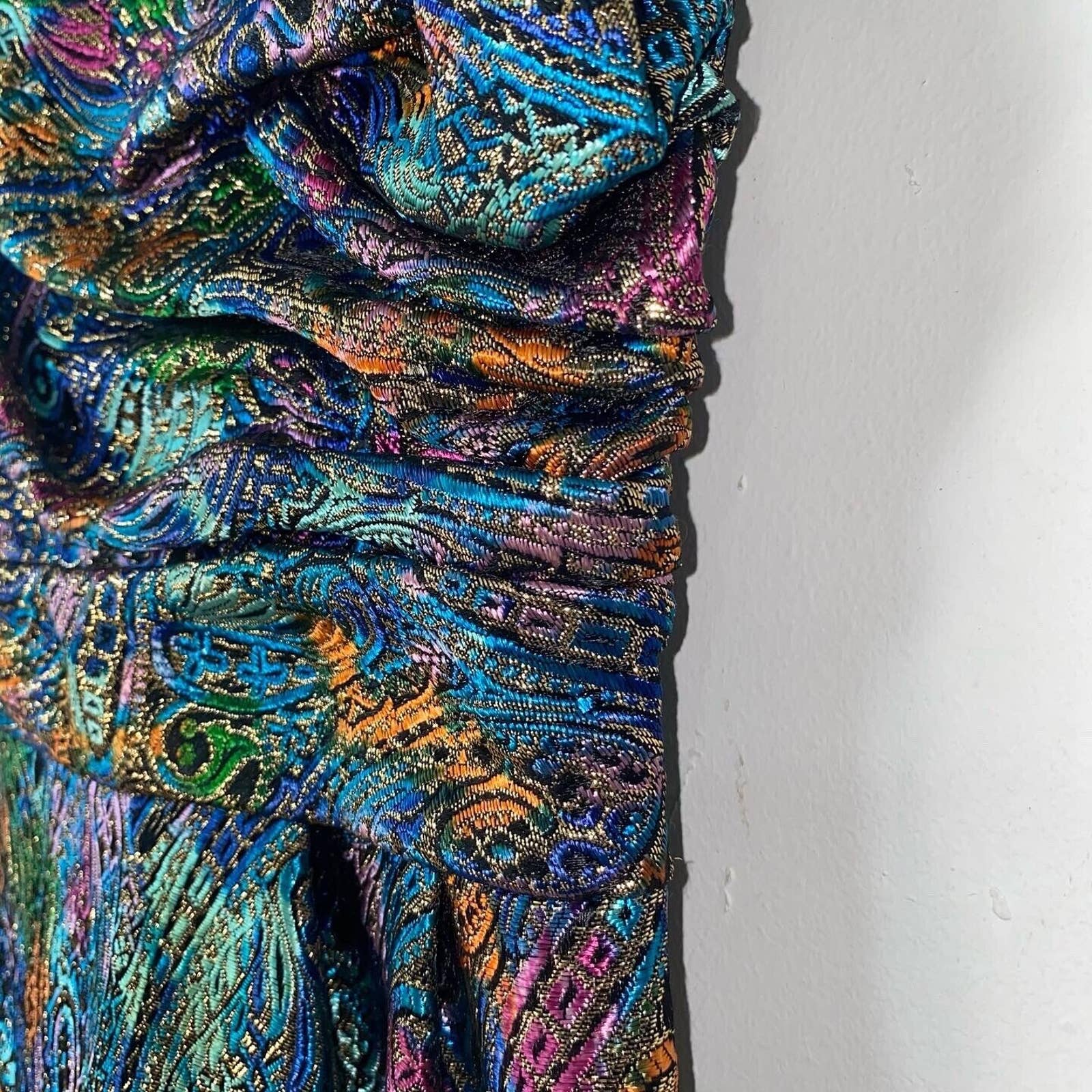 Vintage 50s Jacquard Metallic Lamé Bombshell Evening Gown Low Back Asymmetric - Image 7