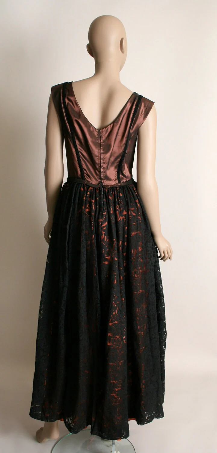 Vintage 50s Lace Gown Formal Evening Copper Bronze and Black Cocktail Date Dre - Image 2