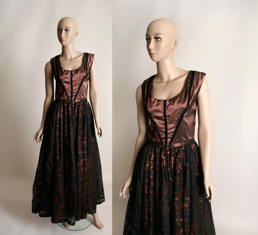 Vintage 50s Lace Gown Formal Evening Copper Bronze and Black Cocktail Date Dre - Image 3