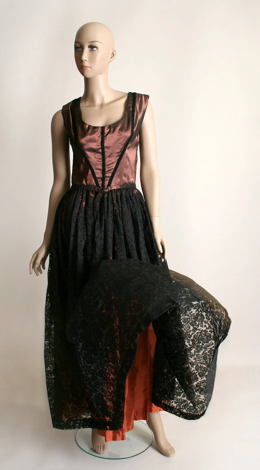 Vintage 50s Lace Gown Formal Evening Copper Bronze and Black Cocktail Date Dre - Image 4