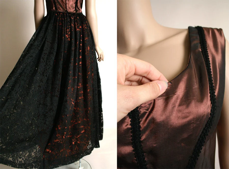 Vintage 50s Lace Gown Formal Evening Copper Bronze and Black Cocktail Date Dre - Image 5