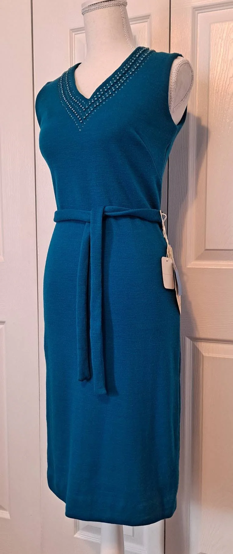 50s Teal Wiggle Rhinestone Wool Party Dress By Lebanon Mills - Image 3