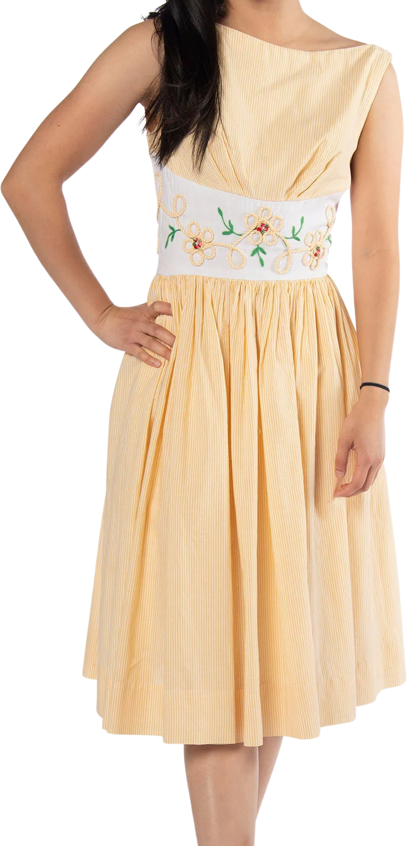 Vintage 50s Lemon Yellow and White Striped Cotton Day Dress with Daisy Flower Applique Waist by Henley Jr New York