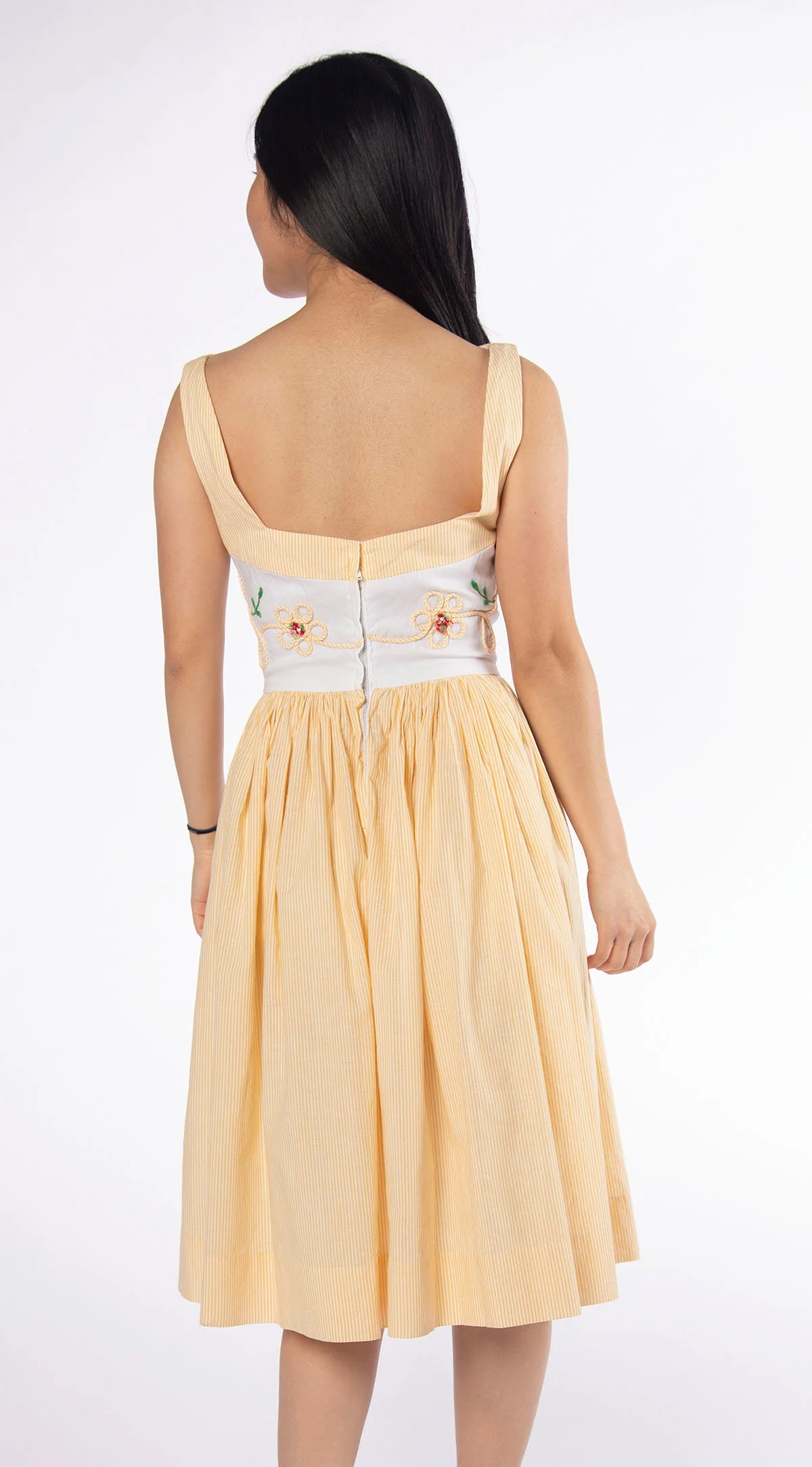 Vintage 50s Lemon Yellow and White Striped Cotton Day Dress with Daisy Flower Applique Waist by Henley Jr New York - Image 2