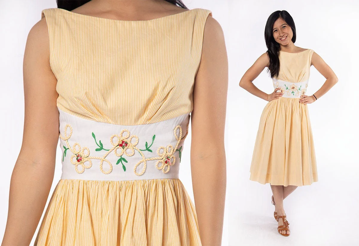 Vintage 50s Lemon Yellow and White Striped Cotton Day Dress with Daisy Flower Applique Waist by Henley Jr New York - Image 4