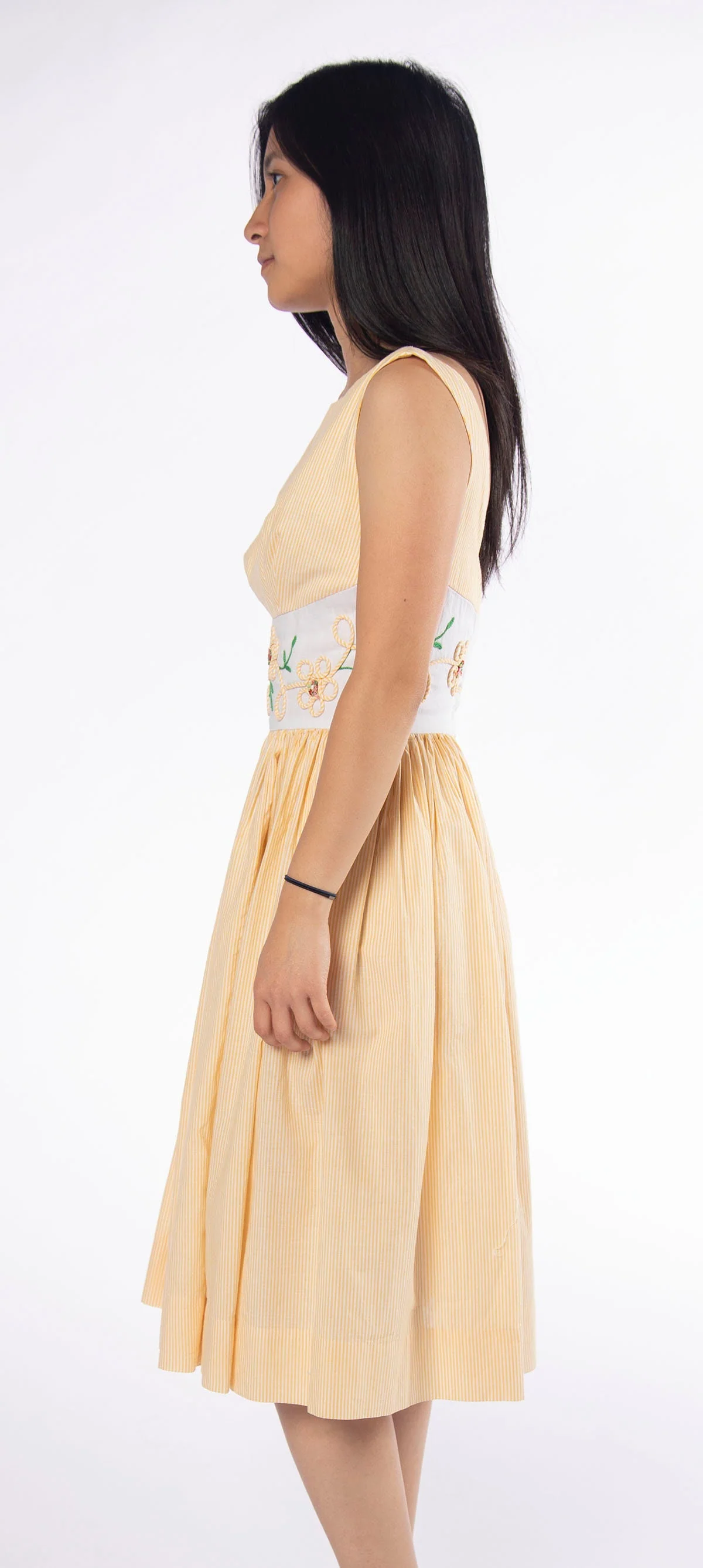 Vintage 50s Lemon Yellow and White Striped Cotton Day Dress with Daisy Flower Applique Waist by Henley Jr New York - Image 5