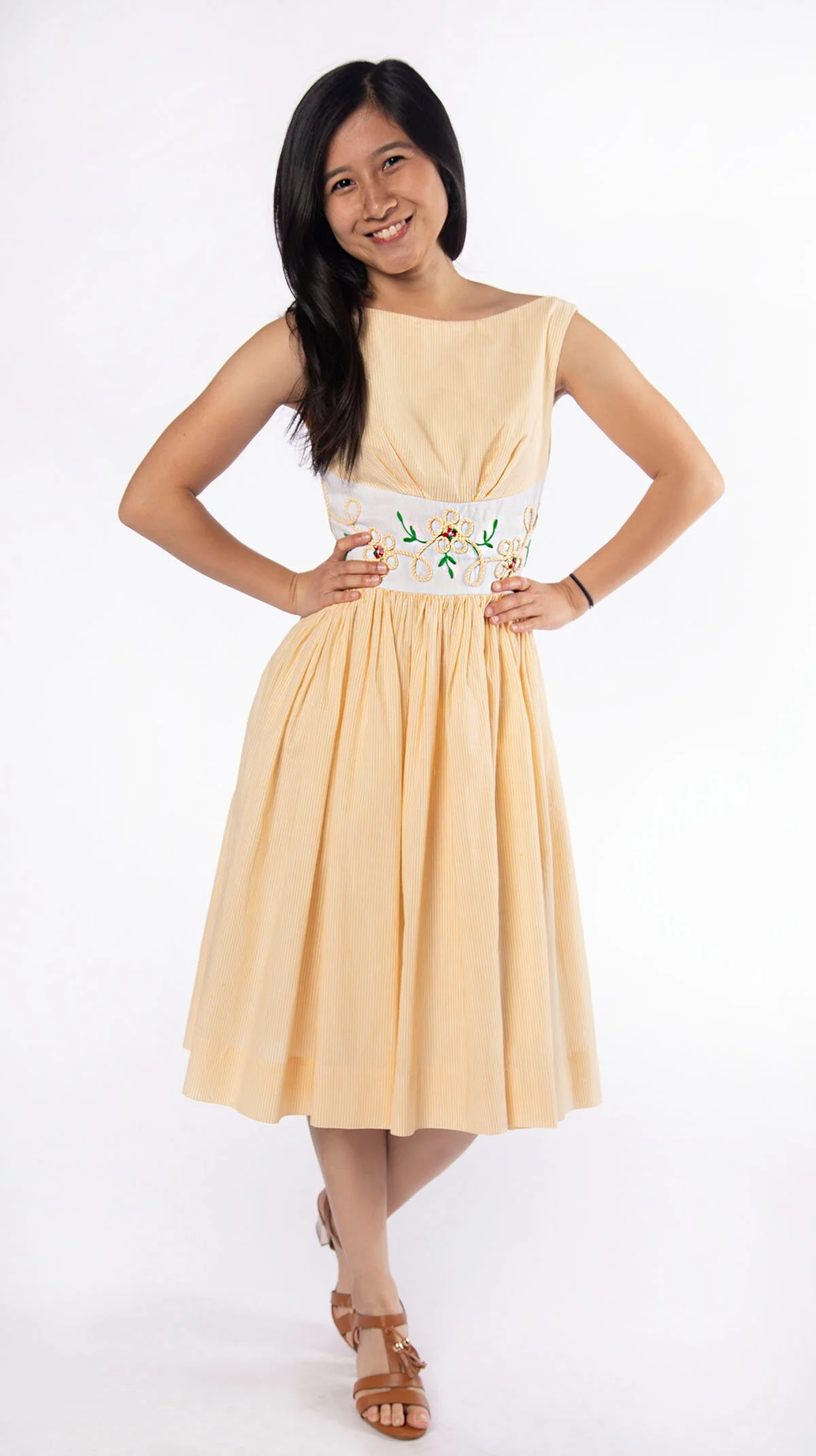 Vintage 50s Lemon Yellow and White Striped Cotton Day Dress with Daisy Flower Applique Waist by Henley Jr New York - Image 6