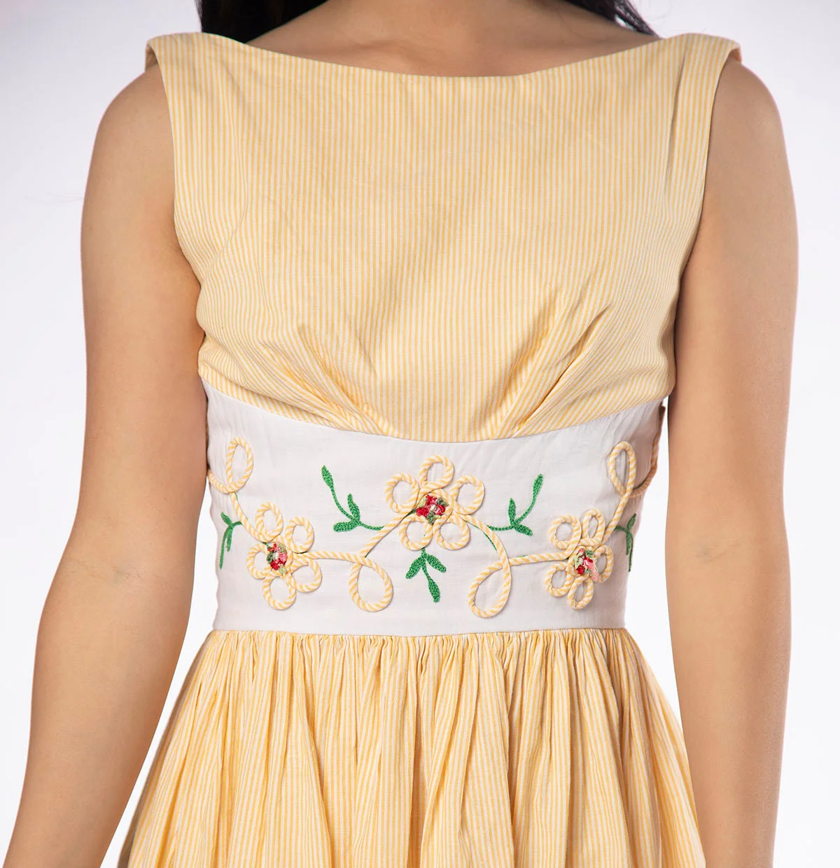 Vintage 50s Lemon Yellow and White Striped Cotton Day Dress with Daisy Flower Applique Waist by Henley Jr New York - Image 8