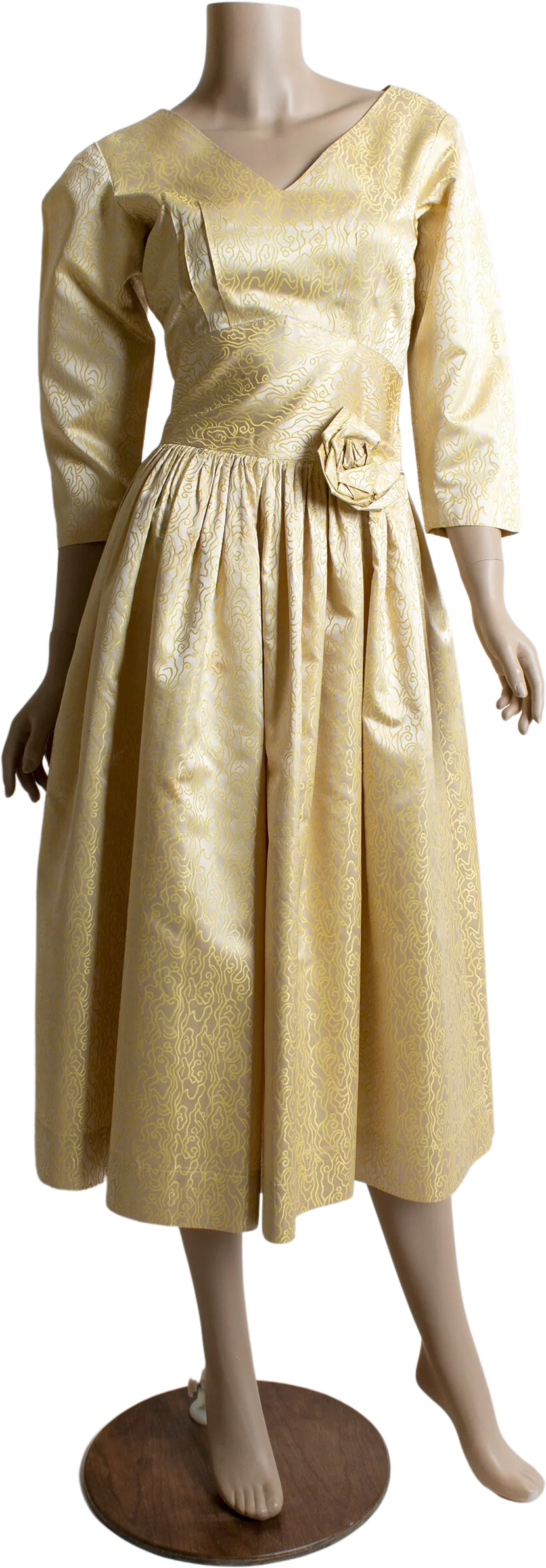 Vintage 50s Light Golden Yellow Satin Party Dress with Squiggle Velvet Design Rose Flower Hip Formal Evening Small